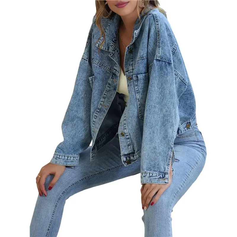 سترة SYW-Women's قصيرة فضفاضة كاجوال بجيب كبير من قماش الدنيم