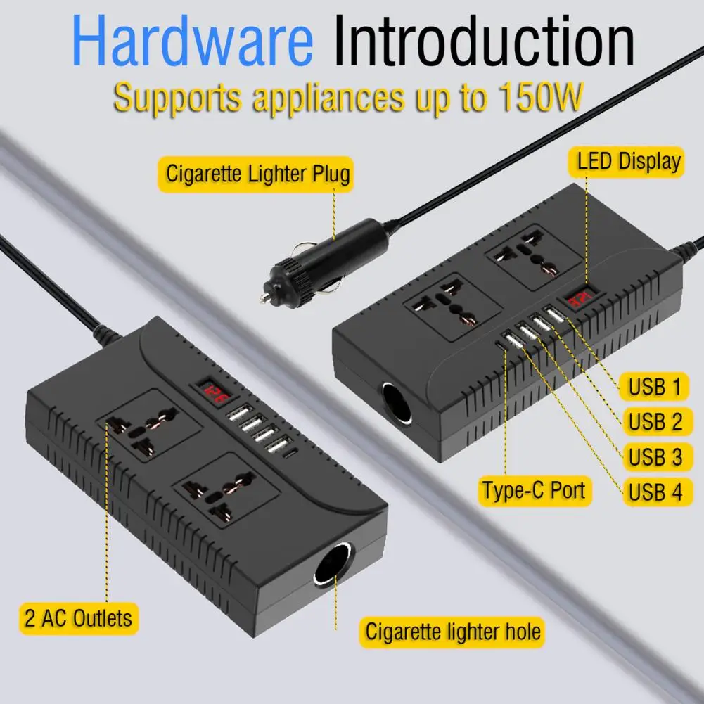 Rv Power Inverter Car Power Inverter with Overload Protection Universal Usb-c Fast Charging Adapter Portable Car Charger Switch