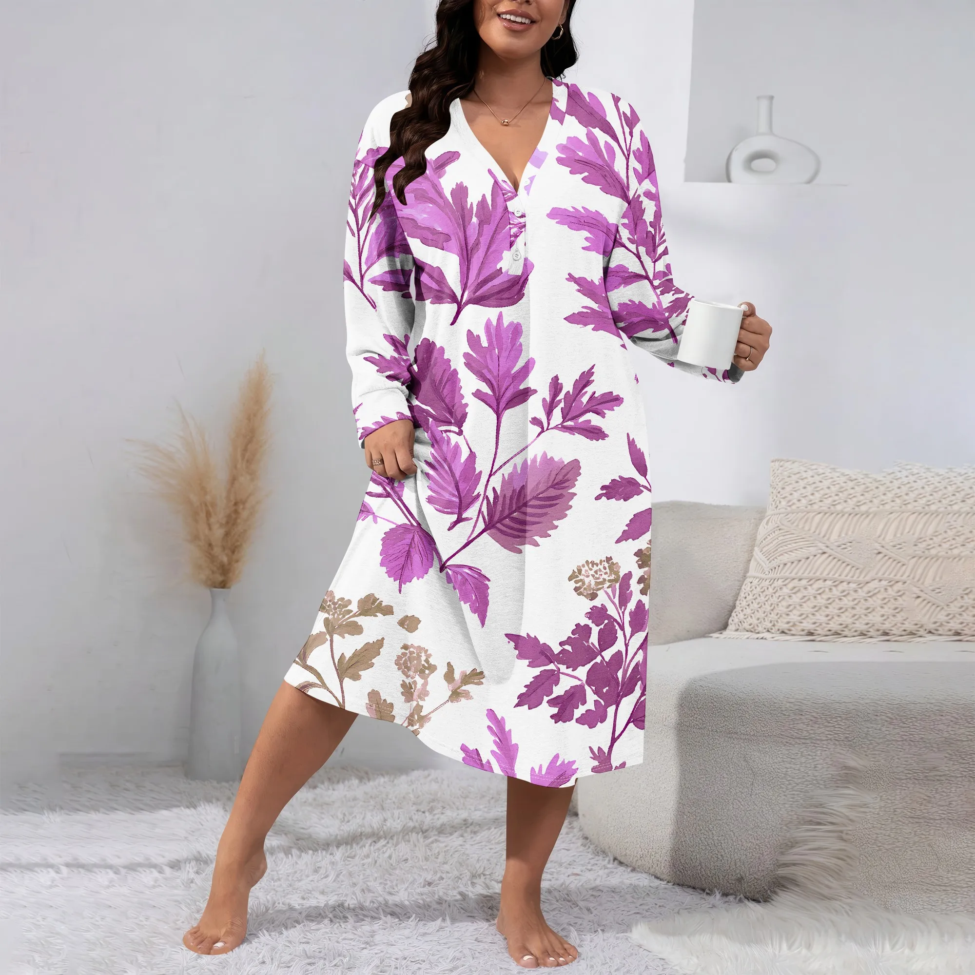 

Women's Autumn 3D Fashion Printed V-neck Casual Long sleeved Dress