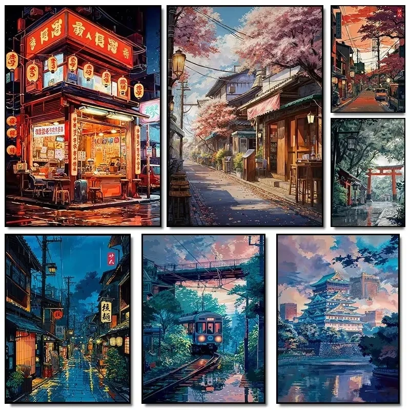 Japan Anime Tokyo Straßen Stadtlandschaft Kirschblüten 5D Diamantmalerei Kreuzstich Mosaik Heimdekoration Wandgeschenk