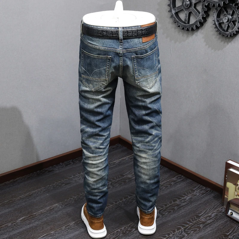 Italian Style Fashion Men Jeans High Quality Retro Blue Slim Fit Ripped Jeans Men Elastic Trousers Vintage Designer Pants Hombre