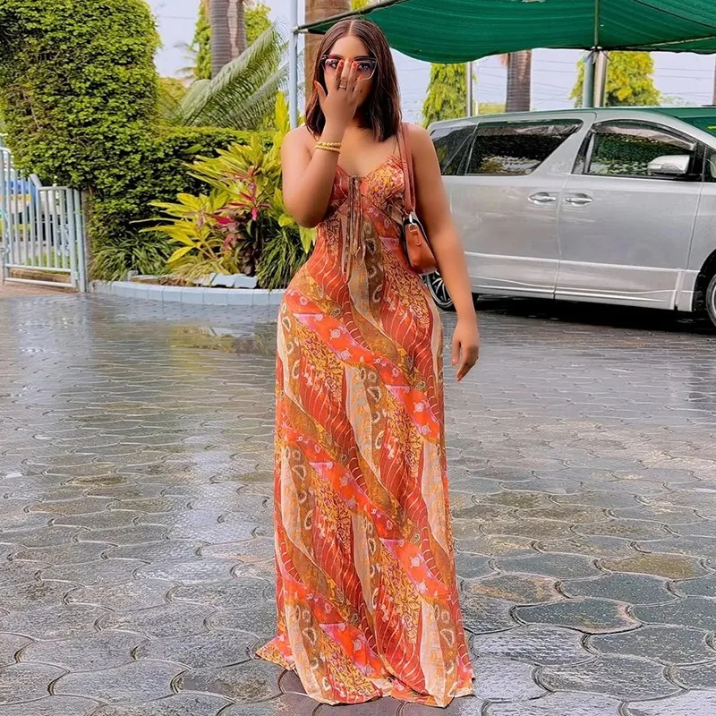 

Women's Floral Print Halter Lace-Up Chest Wrapped Sleeveless Backless Hips Wrapped Long Dress, Light & Thin, Sexy