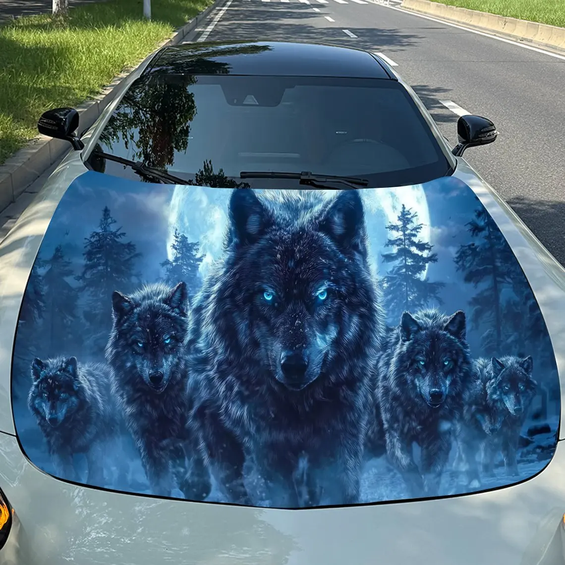 

Moonlit Forest Blue Wolves Car Vinyl Wrap, PVC Material Waterproof Car Hood Sticker, Self-Adhesive Scratch-Resistant Stickers fo
