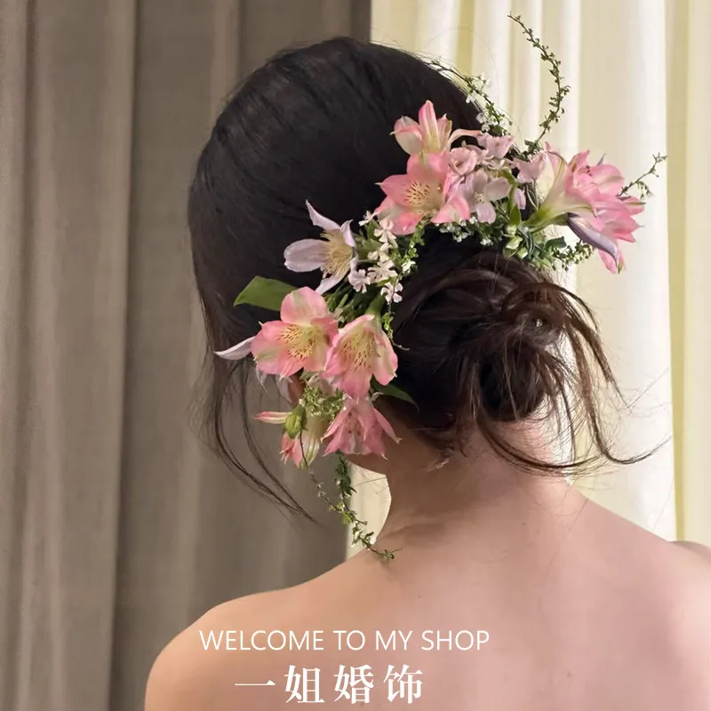 New Mori simulation flower hair accessories super fairy pink flower hairpin hair accessories atmosphere bride photo wedding head