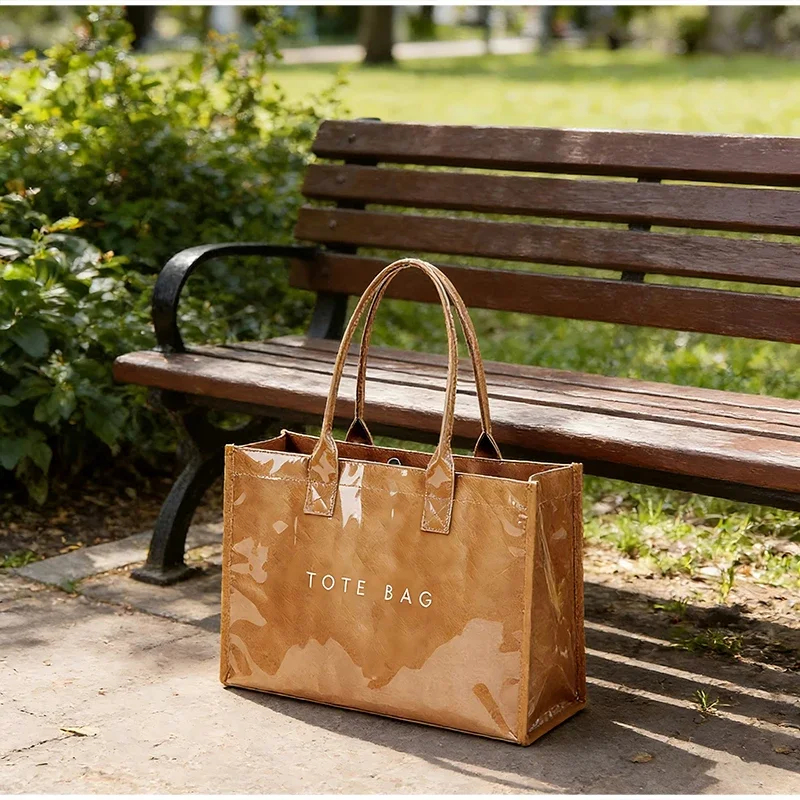 Laptop-Aufbewahrung, PVC-Einkaufstasche, wasserdichte, durchsichtige Umhängetasche aus Kraftpapier, Büchertasche mit großem Fassungsvermögen, Damen-Shopper, Arbeits- und Pendlerhandtasche – Detail 9