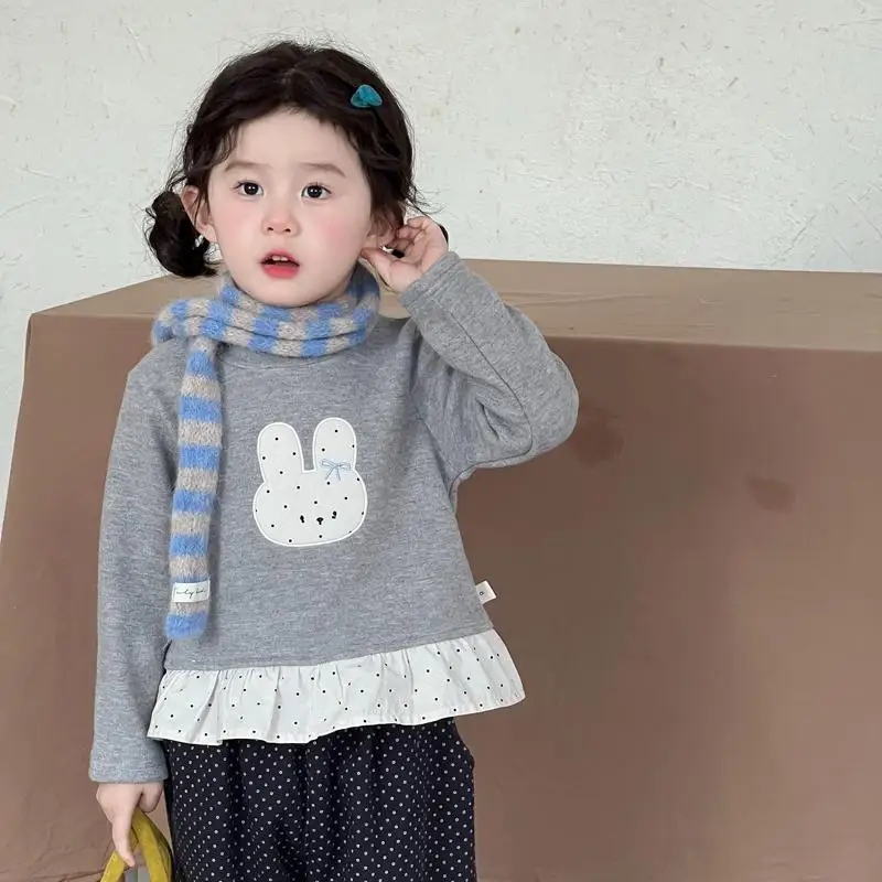 

2025 Winter New Children Fleece T Shirts Cotton Girls Cute Cartoon Patch Bottoming Shirts Kids Plus Velvet Thick Warm Tops