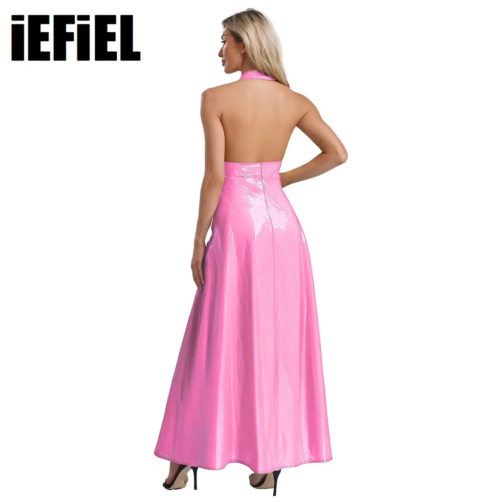 

Модное сексуальное женское длинное платье из глянцевой искусственной кожи с глубоким v-образным вырезом и лямкой на шее с открытой спиной и высокой талией, с разрезом трапециевидной формы, вечерние Клубная одежда