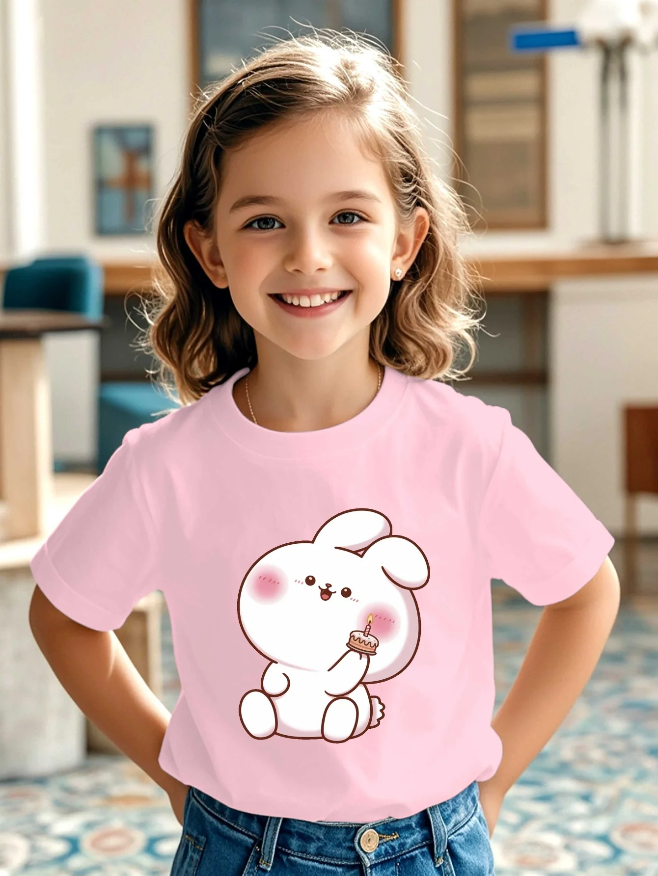 Blushing Bunny With Mini Birthday Cake Graphic T Shirt Family Matching Boys Girls Kids Short Sleeve Animal Children Daily Tops