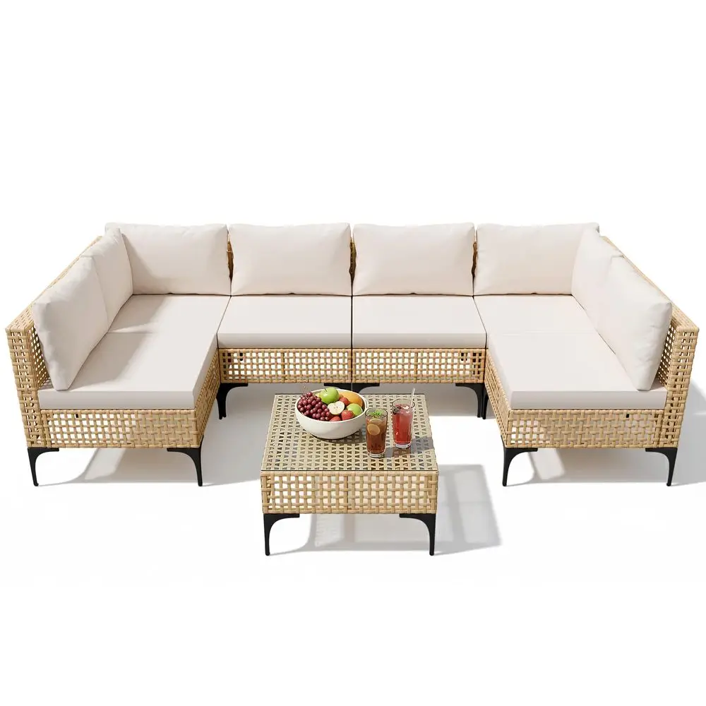 

Patio Furniture Set,7 Pieces Outdoor Wicker Sectional Couch with Thick Cushions ampGlass Tabletop, PE Rattan Backyard Conversat
