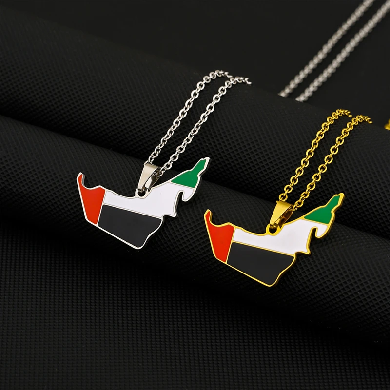 Fashion United Arab Emirates Map Flag Pendant Necklace For Women Men Charm Gold Silver Color Party Stainless Steel UAE Jewelry