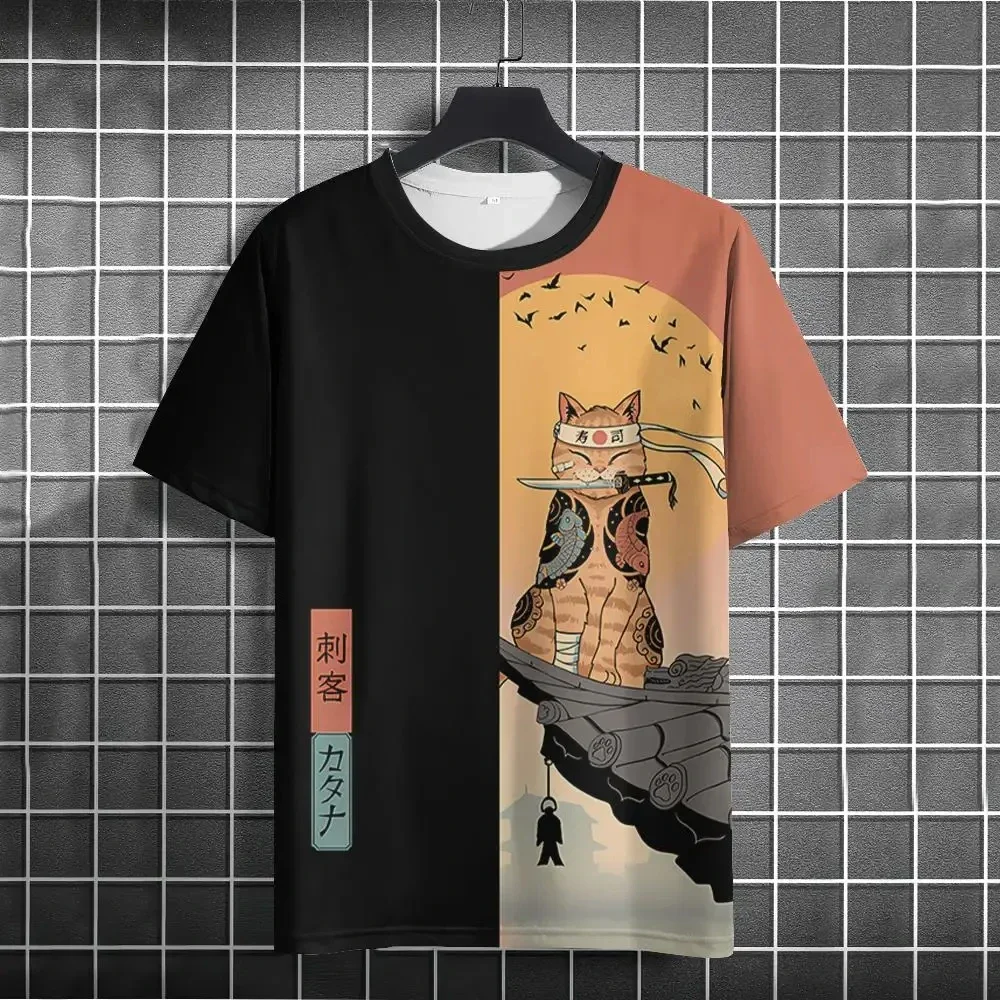 Japanese Ukiyo-e Style Cat Graphic T Shirt for Men Women Summer Casual Crew Neck Tops 3D Cat Printed Men's Short Sleeve T-shirt