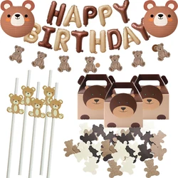 1 conjunto Vintage Letter Foil Balloon Paper Bear Banner Straws Candy Box para crianças Urso Feliz Aniversário Decorações Presentes Fornecimento