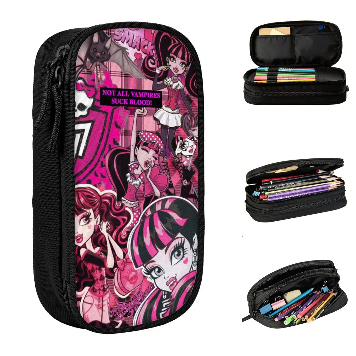 Estojos de lápis de anime Monster High, grandes sacos de armazenamento com zíper, canetas divertidas Draculaura, material escolar para meninas e meninos