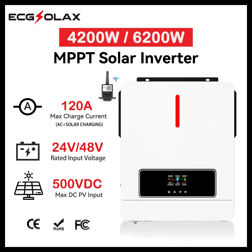 ECGSOLAX 6200W 4200W 하이브리드 태양열 인버터 24V 48V 자동 500VDC 내장 120A MPPT 태양열 컨트롤러 듀얼 출력 태양광 정현파 하이브리드 인버터 220VAC