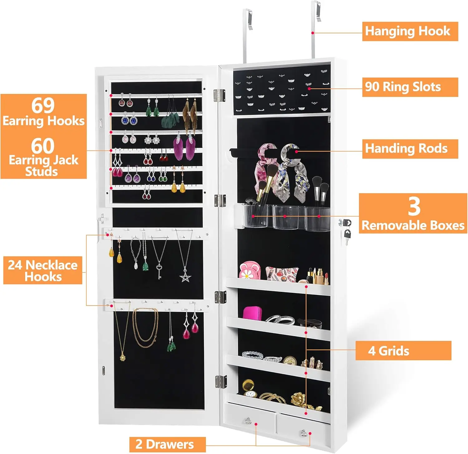 Mirror Jewelry Cabinet, Full Length Mirror with Jewelry Storage, Lockable Makeup Organizer Wall Door Mounted