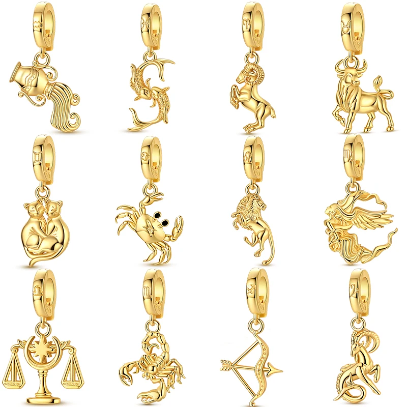 

New 925 Sterling Silver Gold 12 Zodiac Universal Clasp Pendant Fit Original Bracelets Necklace DIY Charms Women Man Jewelry Gift