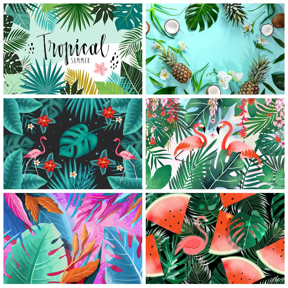 MOON.QG Tropical Jungle Flamingo Backgrounds Green Grass Palm Leaf Wall Summer Party Home Birthday Holiday Decorations Backdrop