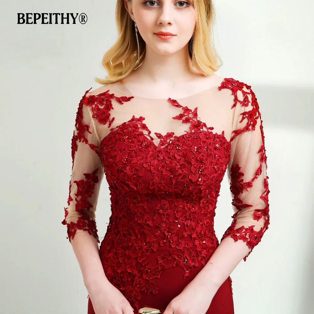 BEPEITHY Customized O-neck Mermaid Evening Dress For Women Sheer Three Quarter Sleeves Robe De Soirée Floor Length Prom Dresses