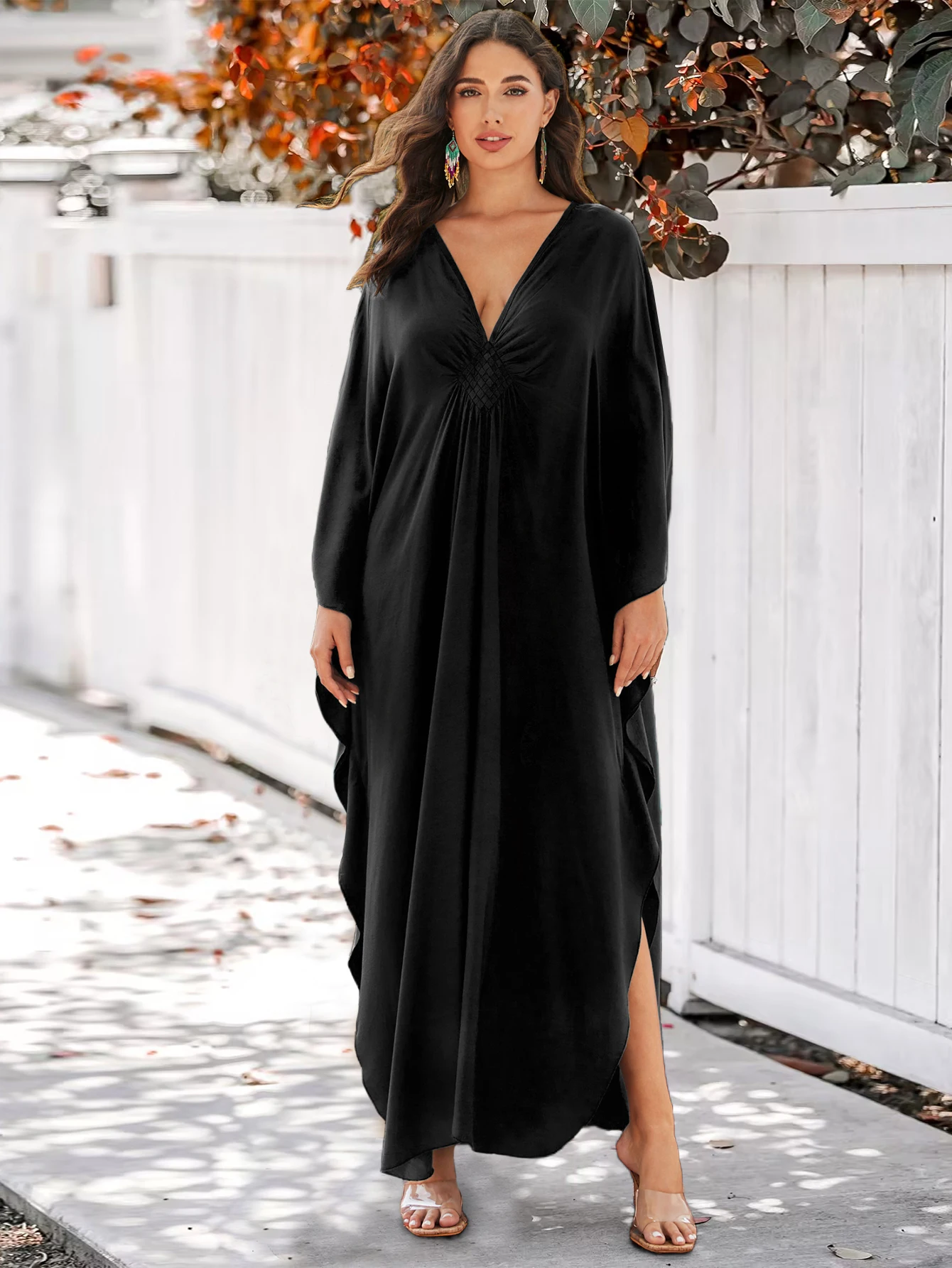 Black Causal Handmade-knit V Neck Plus Size Kaftan House Dress 2024 Women Summer Beach Wear Swim Suit Cover Up Loose Robe Q1590