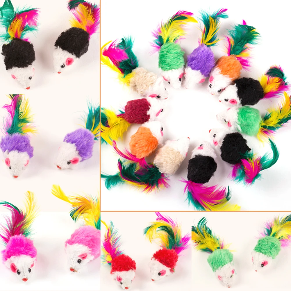 10 pièces faux souris chat jouets coloré plume en peluche chat souris jouets pour animaux de compagnie drôle jouer jouets pour chats et chaton d'intérieur