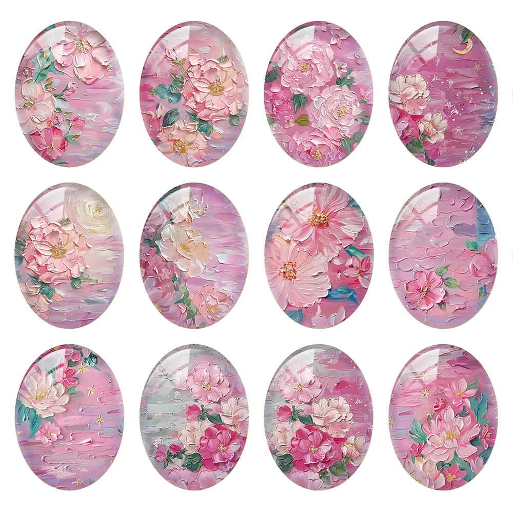 Random Mixed Round/Oval/Square Pink Flower Oil Painting Photo Glass Cabochon Flatback Demo Cameo For Diy Jewelry Making