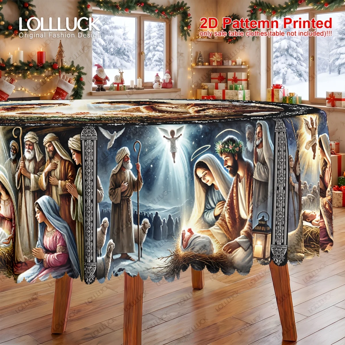 One item, a Christmas tablecloth with a scene of the birth of Jesus as the pattern, rectangular/round/oval tableclothzyc