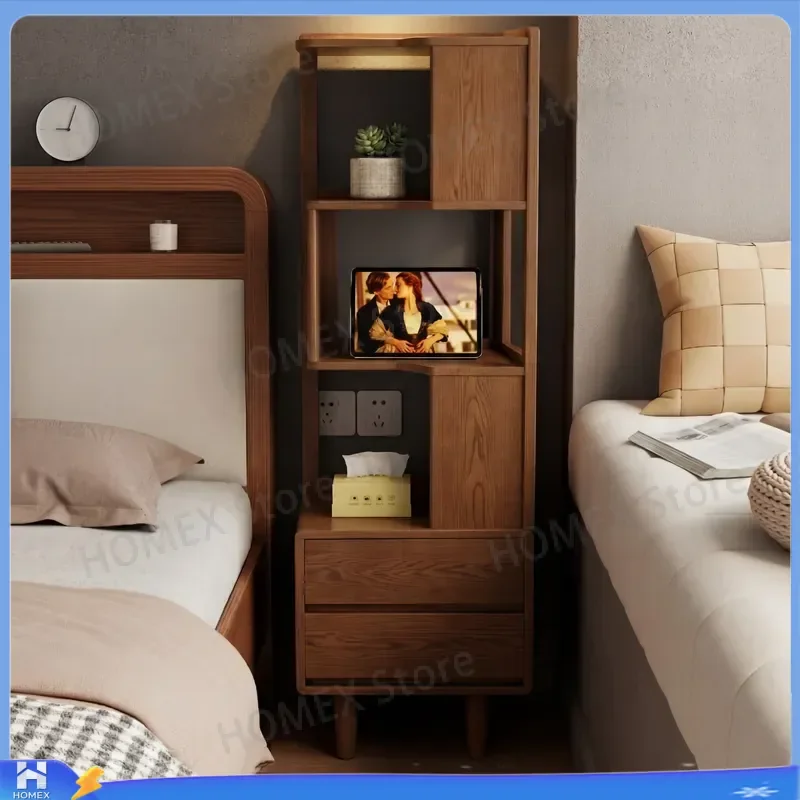 Solid Wood Bedside Table with 2 Drawers Integrated Storage Rack Simple Corner Nightstand Multi Layer Bedroom Furniture Home