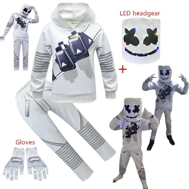 Nuevo LED malvavisco Cosplay niños DJ disfraz de Halloween máscara guantes niños niñas mono carnaval fiesta sílabas eléctricas ropa