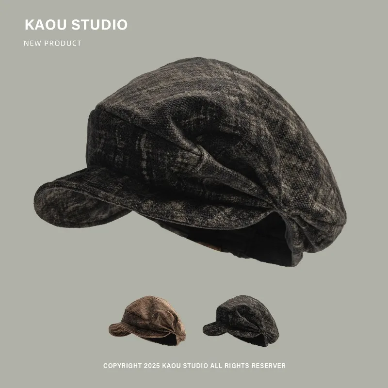 

Harajuku Niche Irregular Plaid Octagonal Newsboy Cap Women Spring and Autumn Retro Fashion Large Version Soft-brimmed Berets