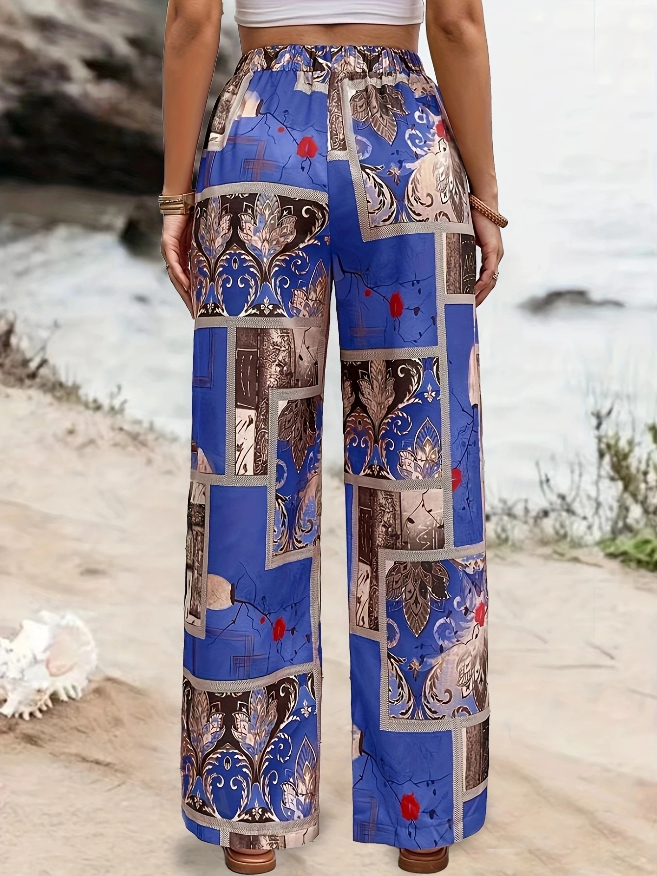 เรขาคณิตพิมพ์หลวมผู้หญิงฤดูร้อนสบายๆกางเกงเอวสูงกางเกงตรง