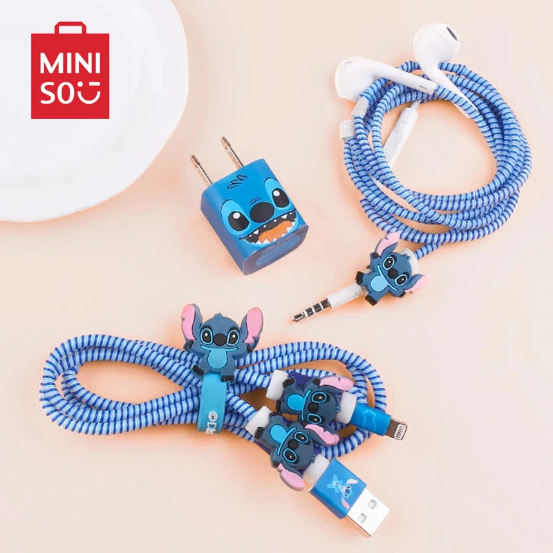 

Miniso Stitch Iphone Charger Cables Protector Winder Sticker Disney Kawaii Figures Data Line Head Headphone Usb Protection Wire