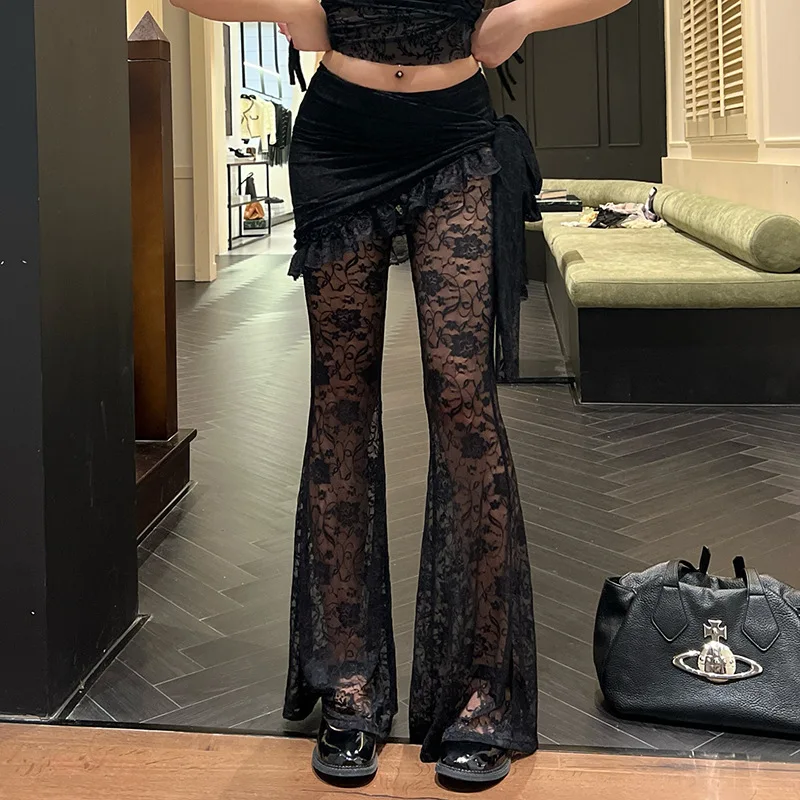 アメリカンレトロ Y2K レディーススーツ シック スリム 2ピースセット デザイン フロッキング ホルターネックトップス + レース アシンメトリー フレアパンツ セットアップ