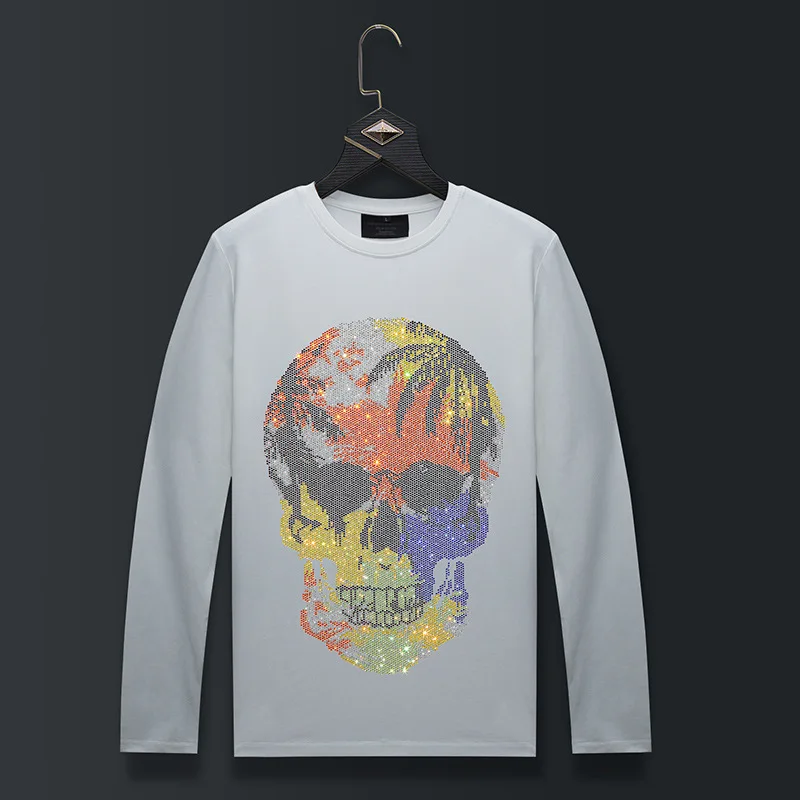 Plus Size Colorful Rhinestones Skull T Shirts Men Fashion Streetwear O Neck Long Sleeve Slim Modal Cotton Tshirts Mens Clothing