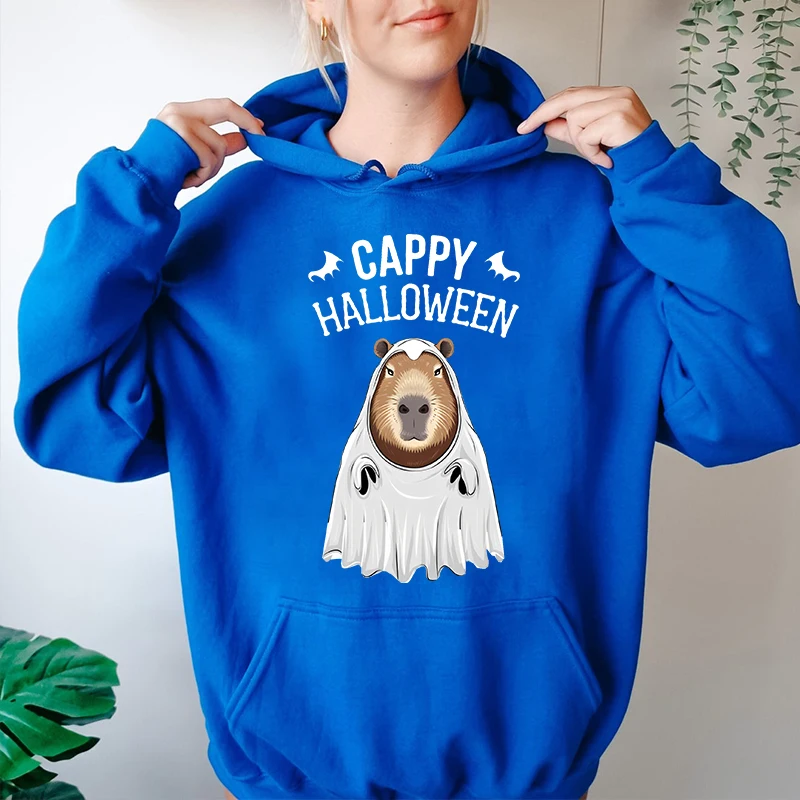 Cappy Capy Halloween Capybara Kawaii Ghost Print para mujer, sudaderas con capucha, suéter de terciopelo, Tops sueltos, Otoño e Invierno