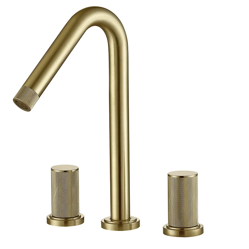 3 Hole 2 Handle Deck Mount Brushed Gold Brass Widespread Bathroom Basin Faucet Knurling Handle & Spout