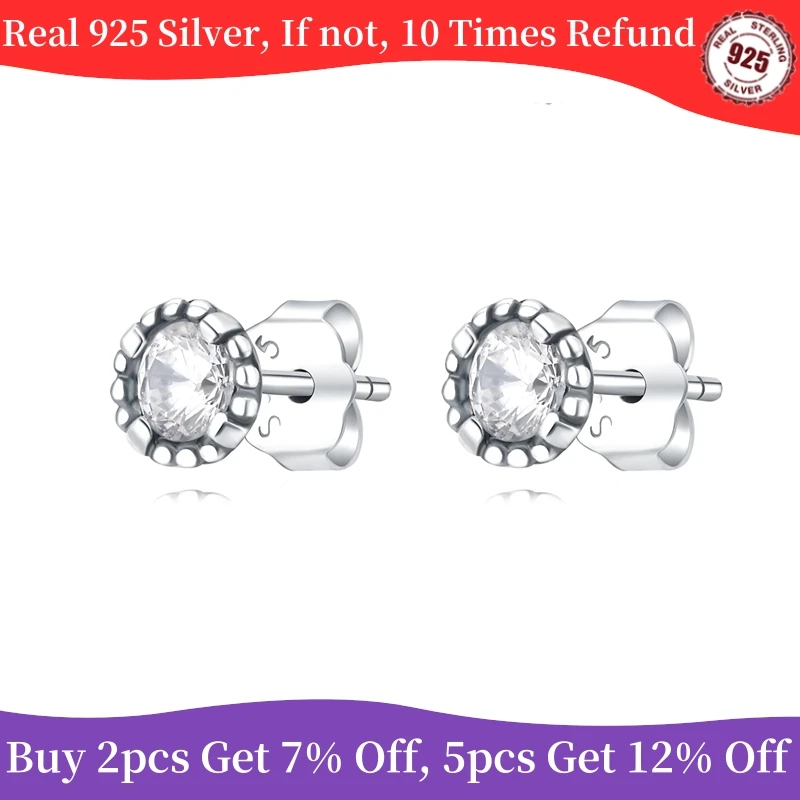 Classic 100% 925 Sterling Silver Round diamond earrings with beaded edge zircon Gemstone Wedding Earrings Fine Jewelry Gift