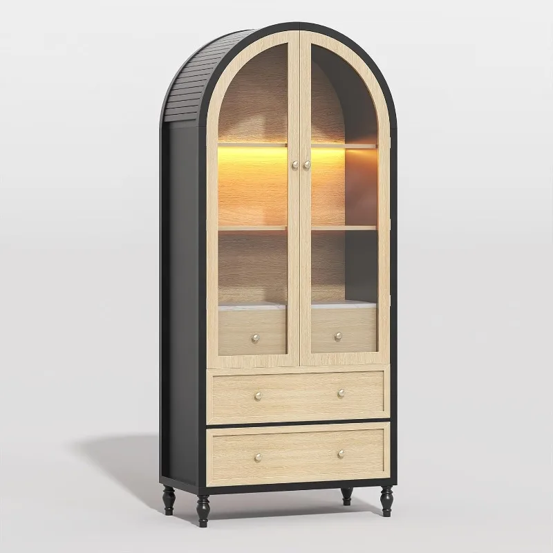 73 Inch Tall Arched Cabinet, Black-Oak Arched Pantry, LED Lighted Display Cabinet