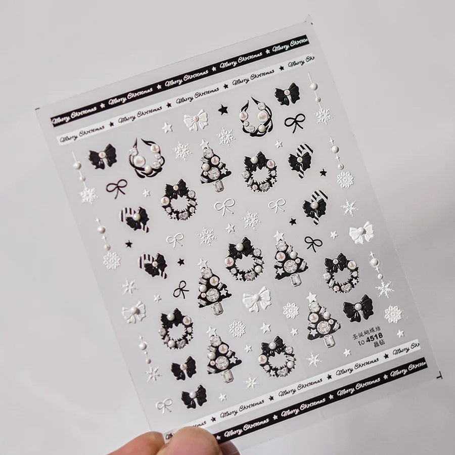 1pcs Cute Cartoon Christmas Tree Black Wreath Pearl Nail Art Stickers Hollow 5D Relief Adhesive Manicure Art Decoration Decals