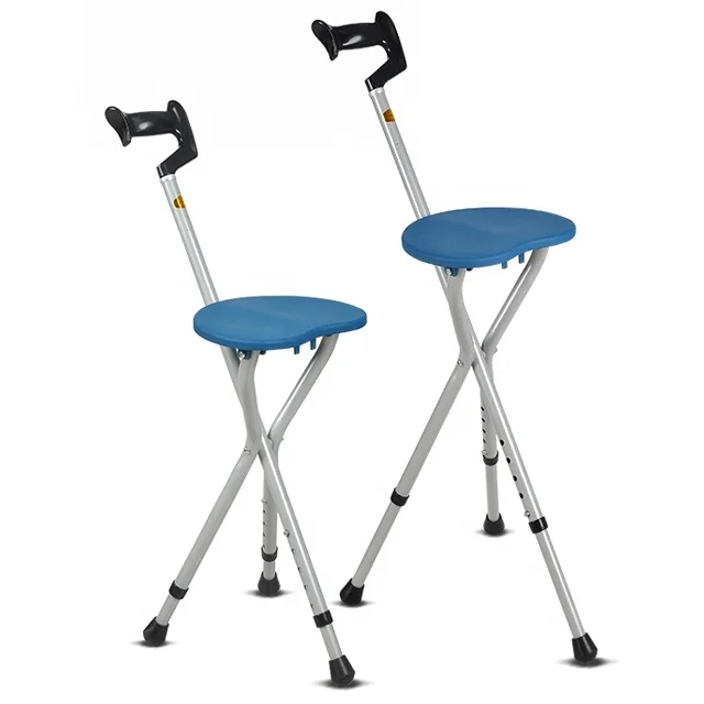 Three-legged Folding Walker With Sitting Lights Four-legged Walking Stick Cane Stool Chair