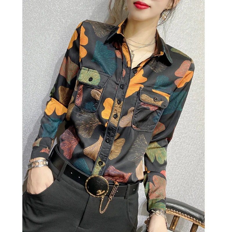 

2024 New Fall Winter Clothes Shirts Office Lady Pockets Blouses Chic Sexy Button Print Wave Point Women Long Sleeve Tops 311130