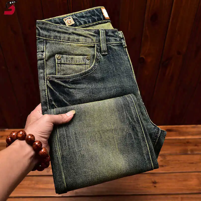 High end American retro denim men's trendy brand washed, worn-out, printed, slim fit, small foot elastic, trendy long pants