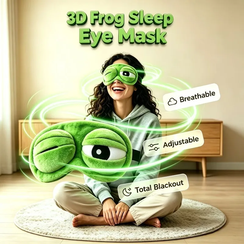 Funny 3D Frog Sleep Eye Mask Super Soft Plush Adjustable Full Shading Blindfold Portable Eyeshade for Travel Nap Kids Adults
