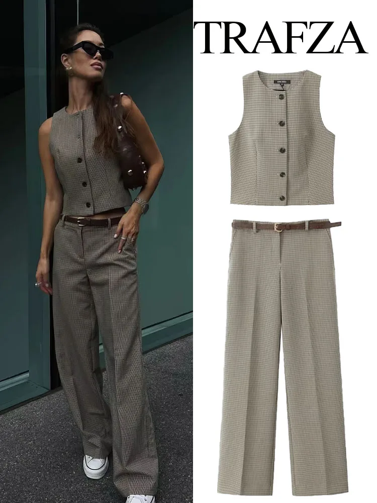 TRAFZA Autumn Fashion Women Suits O-Neck Sleeveless Single Breasted Vest Tops+High Waist Belt Button Zipper Trousers Female Set