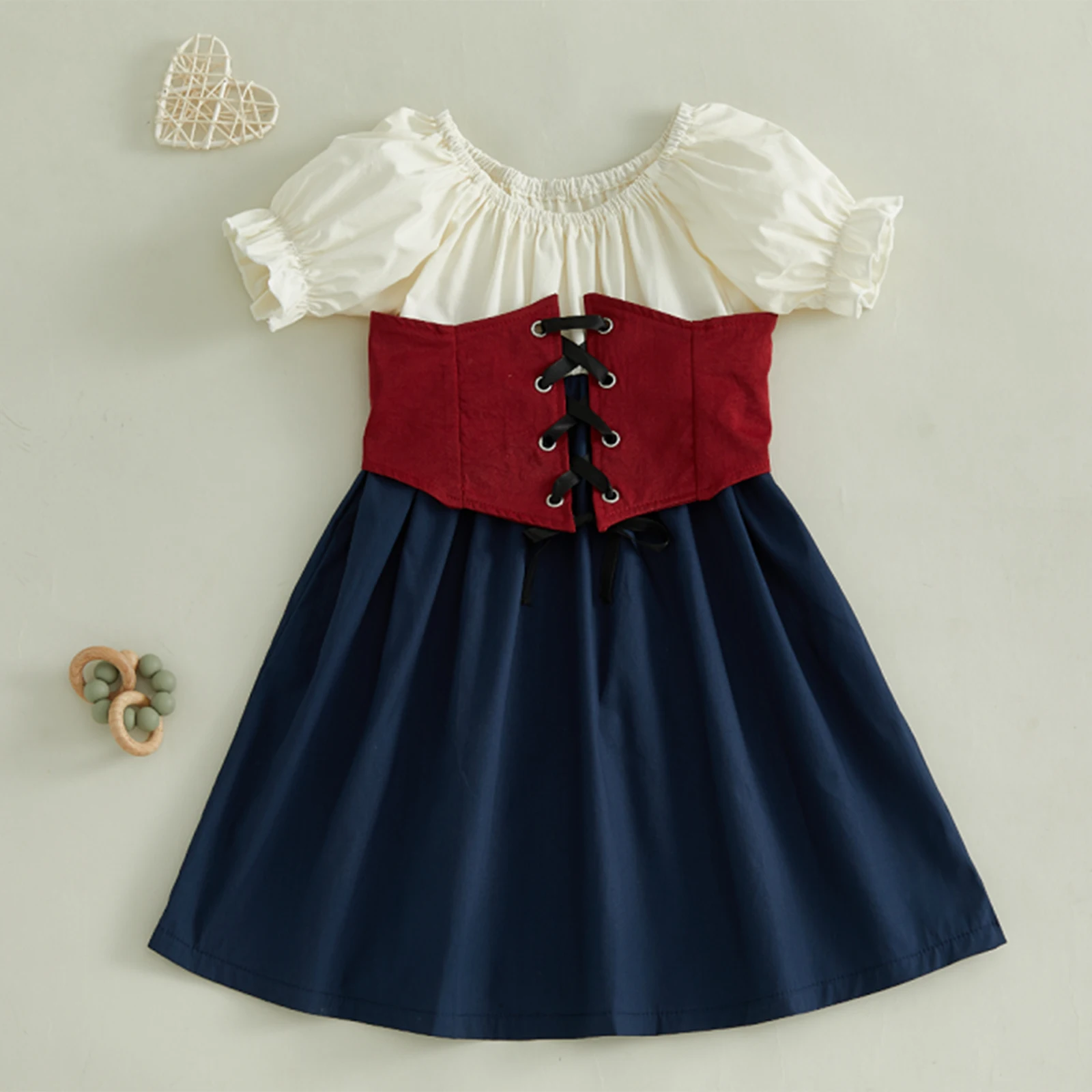 Toddler Girls Oktoberfest Cosstume Adorable Contrast Color Short Sleeve Square Neck Dress with Corset Vest for Cosplay Party