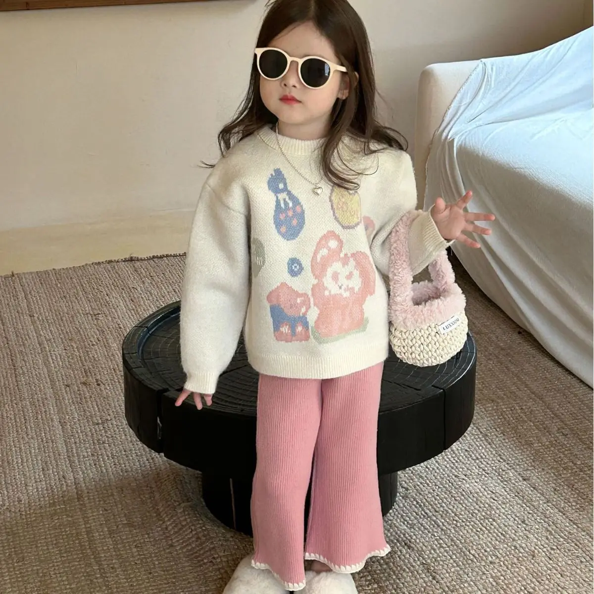 2024 Autumn Winter Children Girl 2PCS Clothes Set Cotton Cartoon Pullover Sweater Suit Solid Knitted Flare Pant Baby Girl Outfit