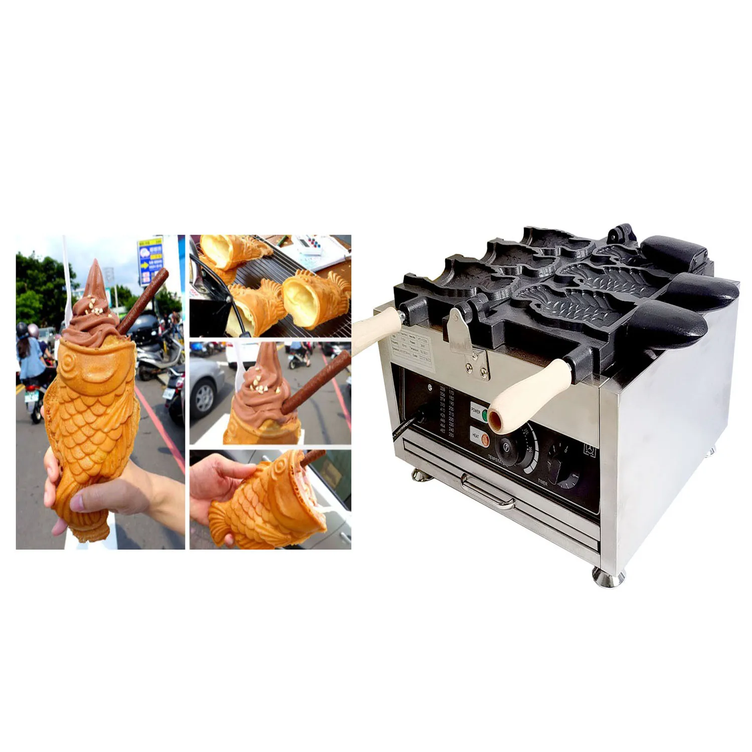 Waffle Makers Commercial Ice Cream Taiyaki  Making Machines Fish Shaped Waffle Cone Baking Cake Equipment