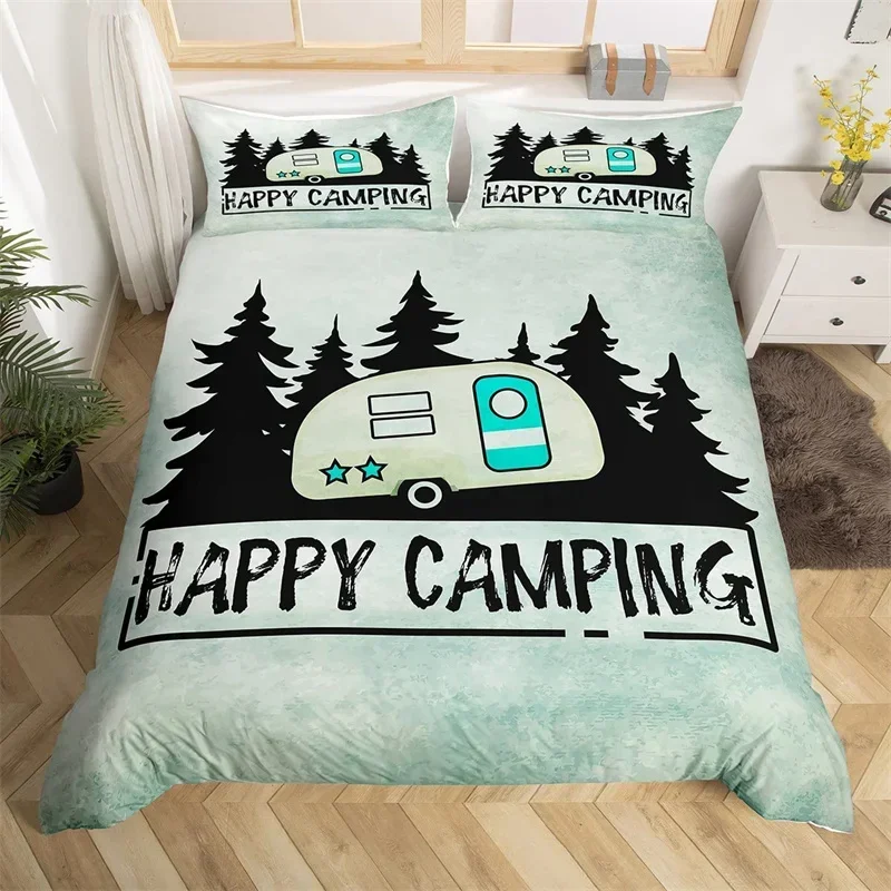 Happy Camping Duvet Cover Queen Cartoon Caravan Camping Bedding Set Farmhouse Style 3D Camper Comforter Cover With Pillowcases