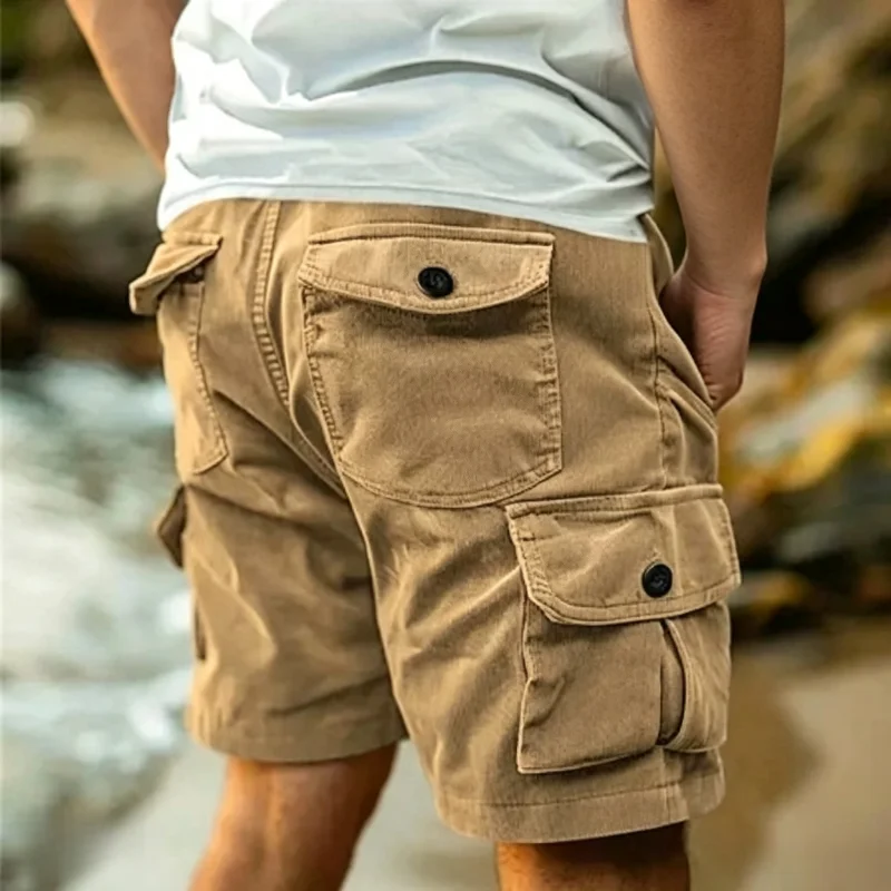 2026 Summer Vintage Men Corduroy Shorts, Solid Color Button Multi-Pocket Loose Stretch Outdoor Work Casual Shorts