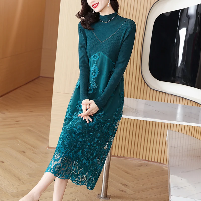 

2023 Autumn/Winter New Fashion Knitted Dress Women's High End Versatile Embroidery Loose Fit Casual Holiday Dress Vestidos