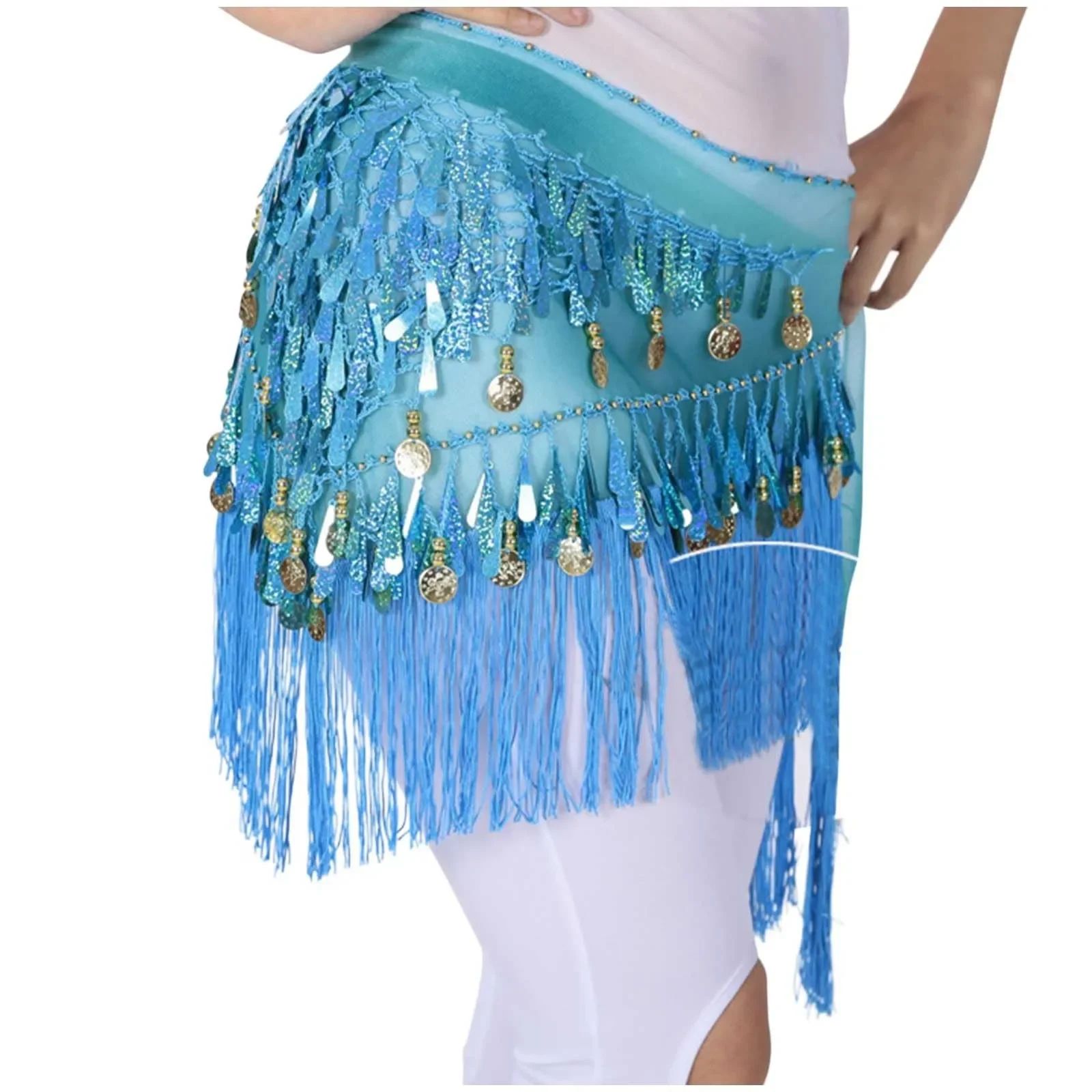 Sequined Belly Dance Waist Scarf Sexy Women Belly Dance Chiffon Skirt Gold Sequins Waist Chain Tassel Belts Clubwear